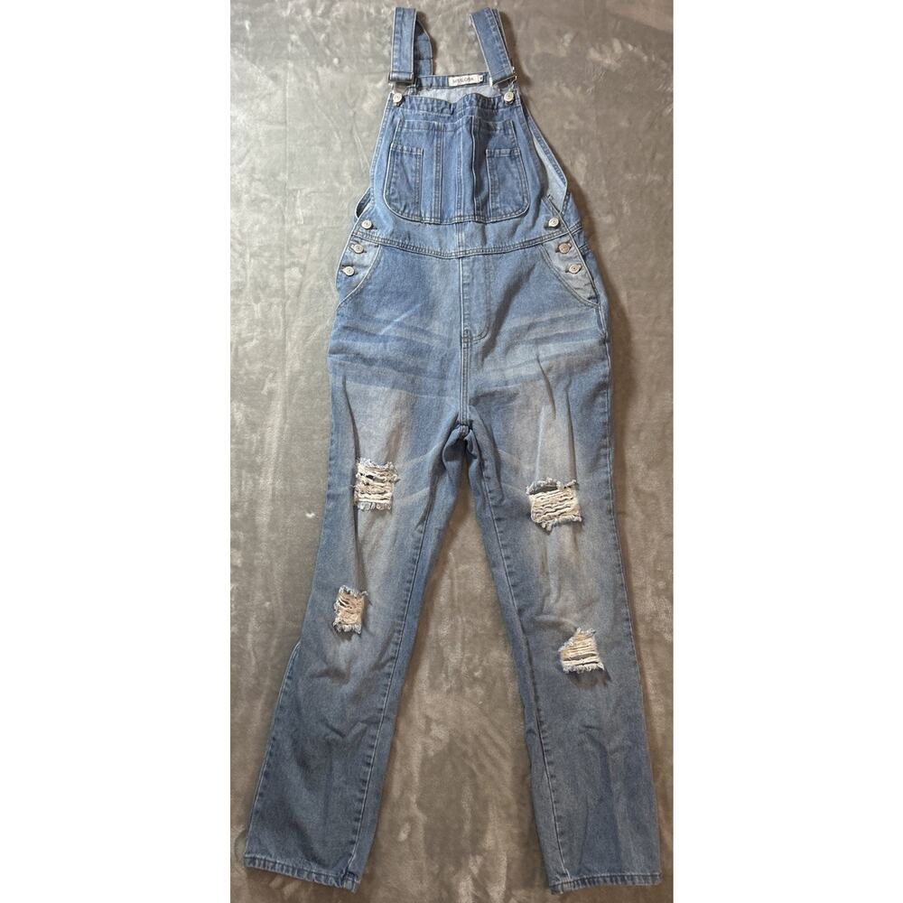 Distressed Blue Denim Overalls - Women's Straight Leg Jeans